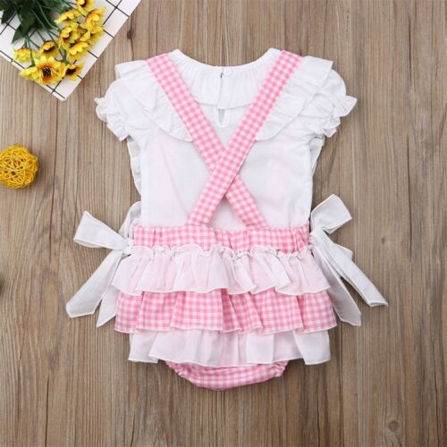 Summer Clothing Newborn Baby Girl 0-24M Ruffles Sleeve White T-shirt + Plaid Bow Ruffle Sling Pants Outfits 2pcs Sets - ebowsos