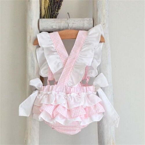 Summer Clothing Newborn Baby Girl 0-24M Ruffles Sleeve White T-shirt + Plaid Bow Ruffle Sling Pants Outfits 2pcs Sets - ebowsos