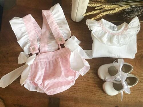 Summer Clothing Newborn Baby Girl 0-24M Ruffles Sleeve White T-shirt + Plaid Bow Ruffle Sling Pants Outfits 2pcs Sets - ebowsos