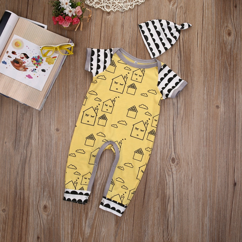 Summer Cute Cartoon Baby Romper Newborn Baby Boy Girl Clothes Romper Jumpsuit Hat Outfit 2pcs Set - ebowsos