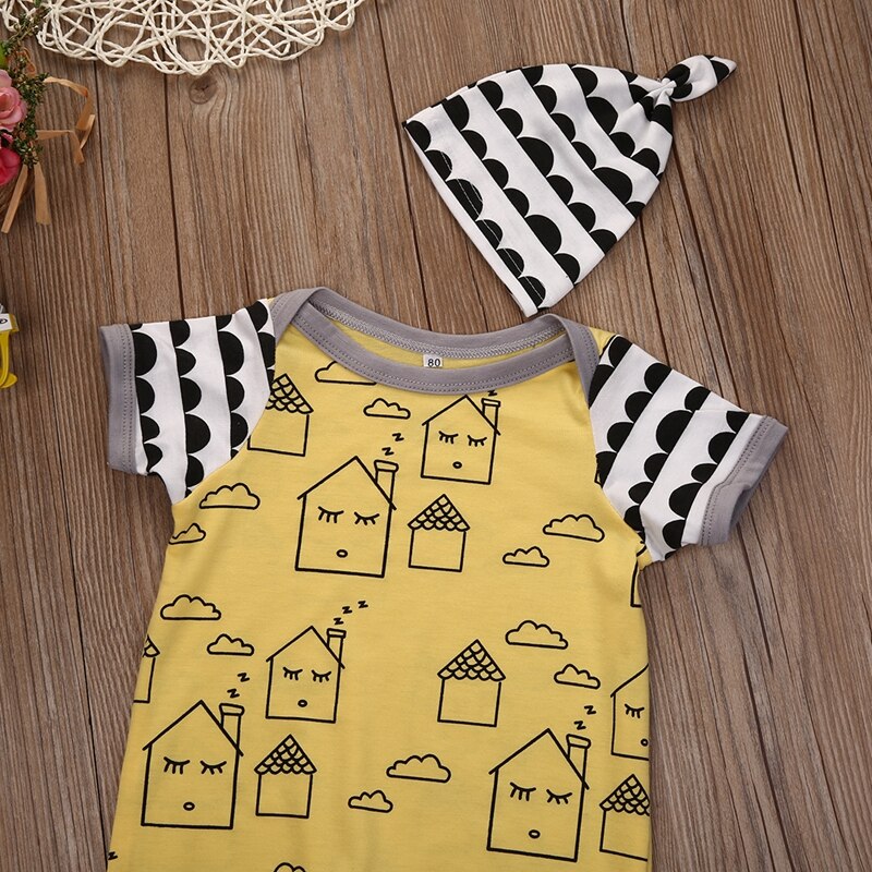 Summer Cute Cartoon Baby Romper Newborn Baby Boy Girl Clothes Romper Jumpsuit Hat Outfit 2pcs Set - ebowsos