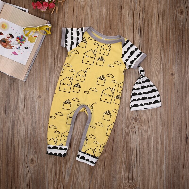 Summer Cute Cartoon Baby Romper Newborn Baby Boy Girl Clothes Romper Jumpsuit Hat Outfit 2pcs Set - ebowsos