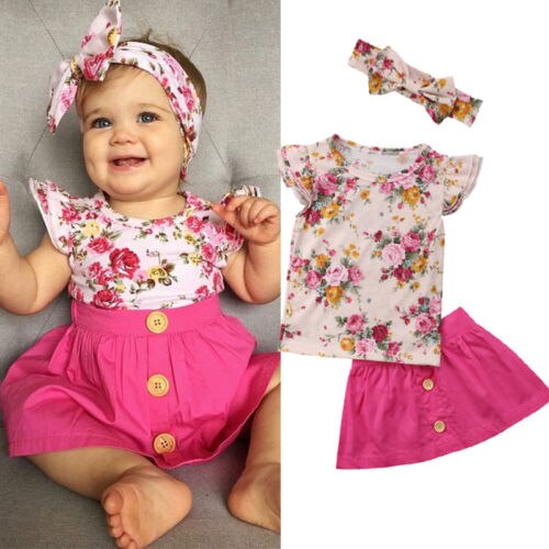 Summer Fashion 3pcs Toddlers Kids Girl Clothes Set Floral Tops T-shirt+Buttons Skirt+Headband Outfits Clothes - ebowsos