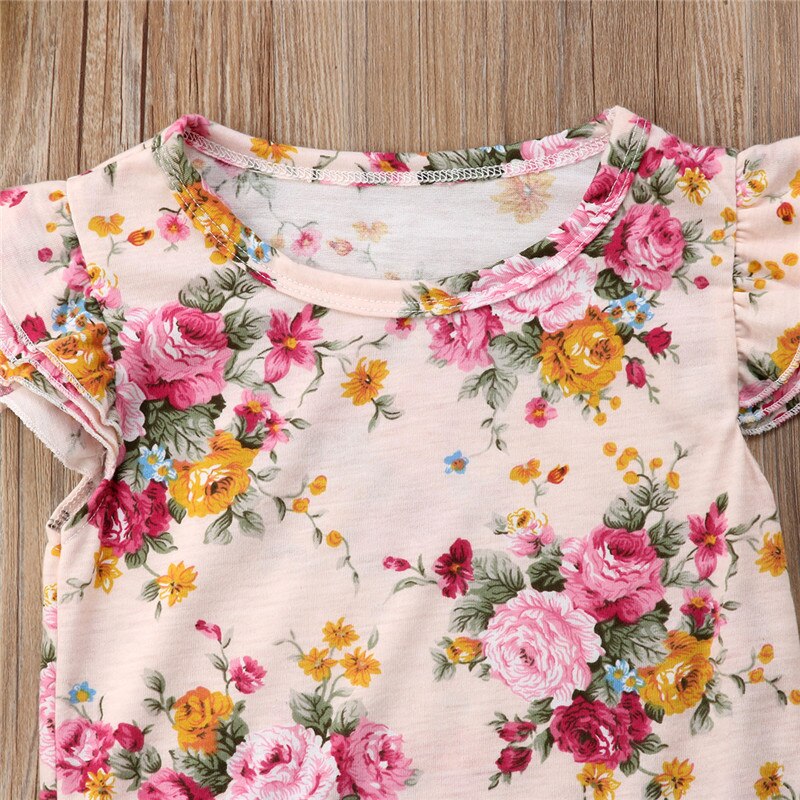 Summer Fashion 3pcs Toddlers Kids Girl Clothes Set Floral Tops T-shirt+Buttons Skirt+Headband Outfits Clothes - ebowsos