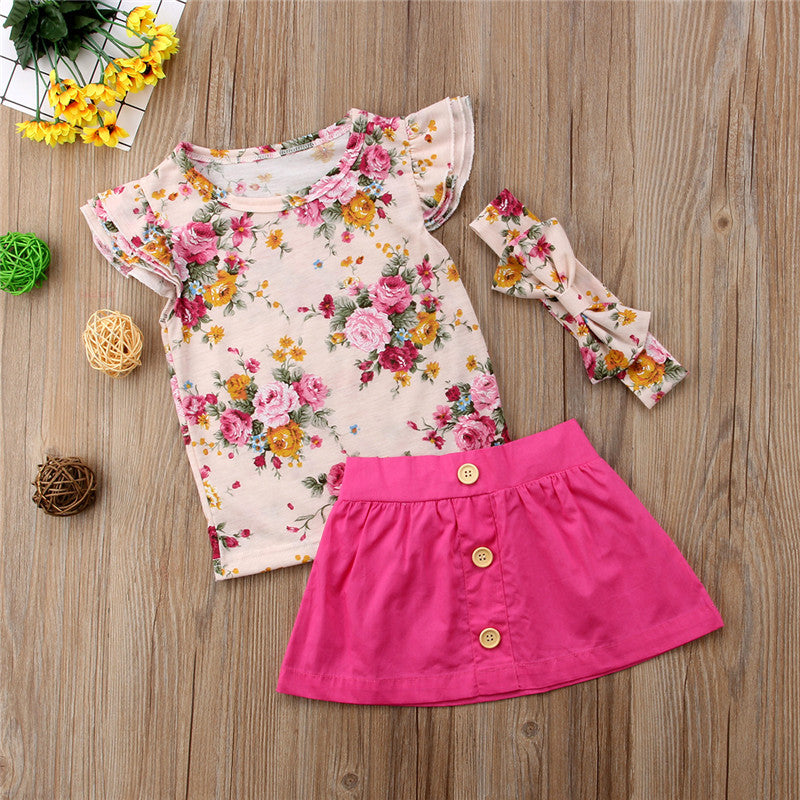 Summer Fashion 3pcs Toddlers Kids Girl Clothes Set Floral Tops T-shirt+Buttons Skirt+Headband Outfits Clothes - ebowsos