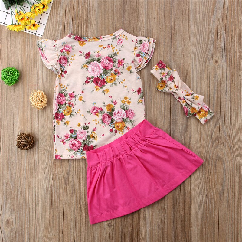 Summer Fashion 3pcs Toddlers Kids Girl Clothes Set Floral Tops T-shirt+Buttons Skirt+Headband Outfits Clothes - ebowsos