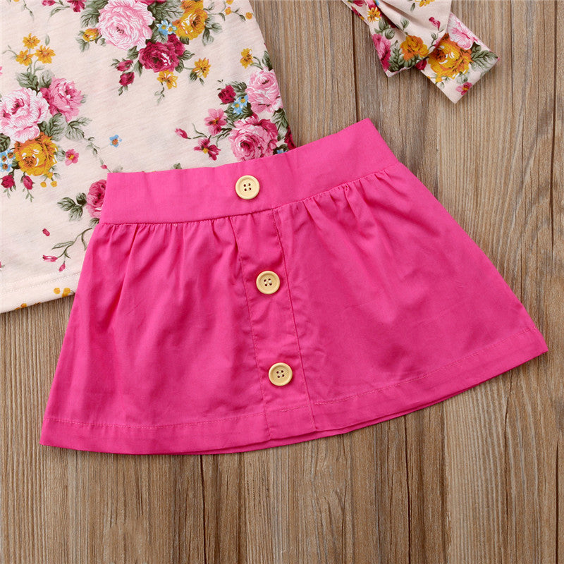 Summer Fashion 3pcs Toddlers Kids Girl Clothes Set Floral Tops T-shirt+Buttons Skirt+Headband Outfits Clothes - ebowsos