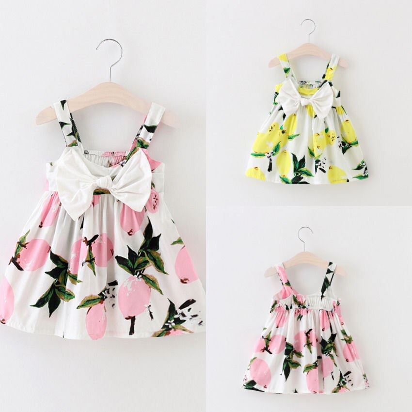 Summer Fashion Baby Pirncess Dress Toddler Baby Girls Summer Lemon Print Floral Bow Dress Sundress Clothes - ebowsos