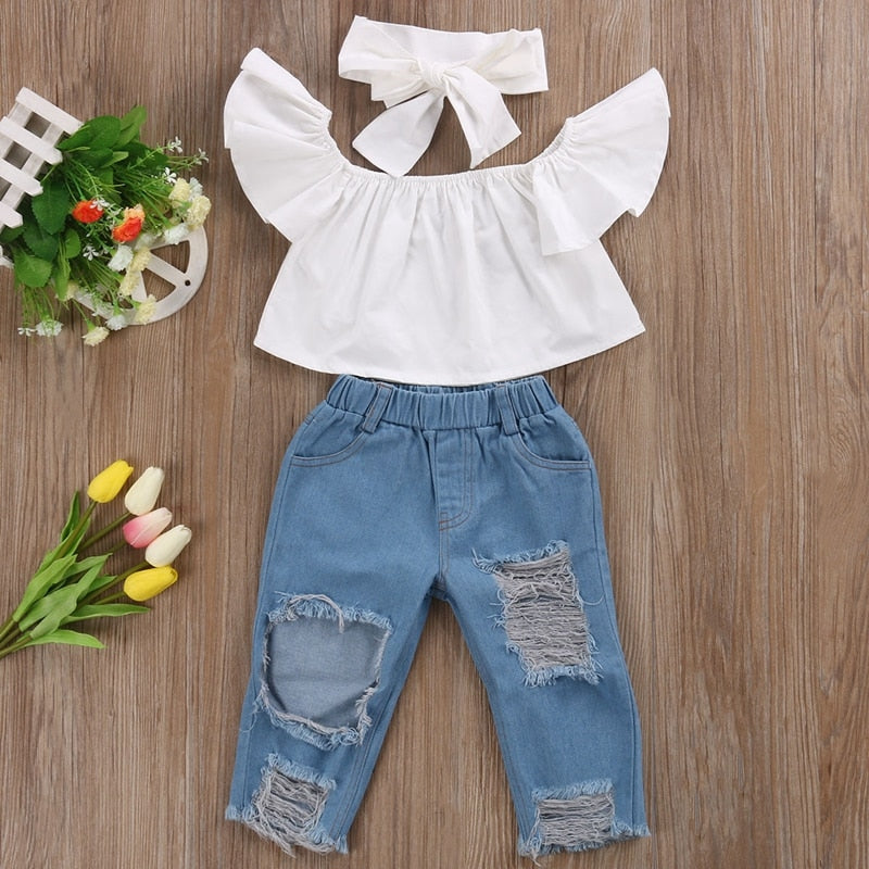 Summer Fashion Children Clothing Sets Broken Hole Pants Casual Toddler Girls Kid Off Shoulder Tops Denim Pants Jeans Outfits - ebowsos