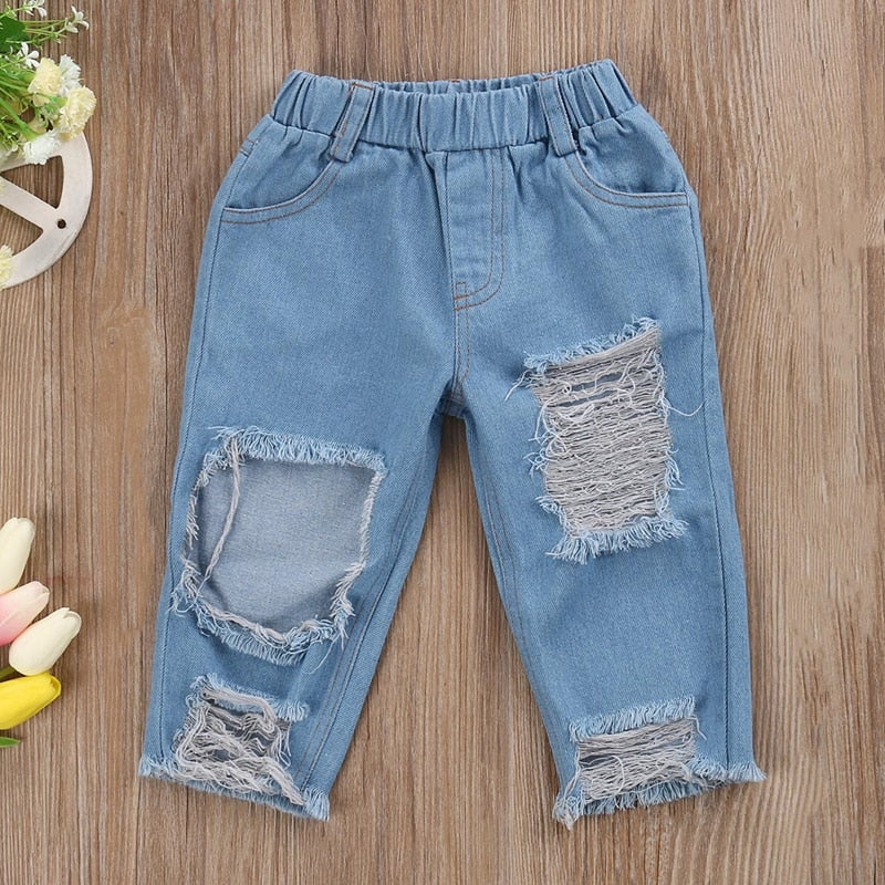 Summer Fashion Children Clothing Sets Broken Hole Pants Casual Toddler Girls Kid Off Shoulder Tops Denim Pants Jeans Outfits - ebowsos