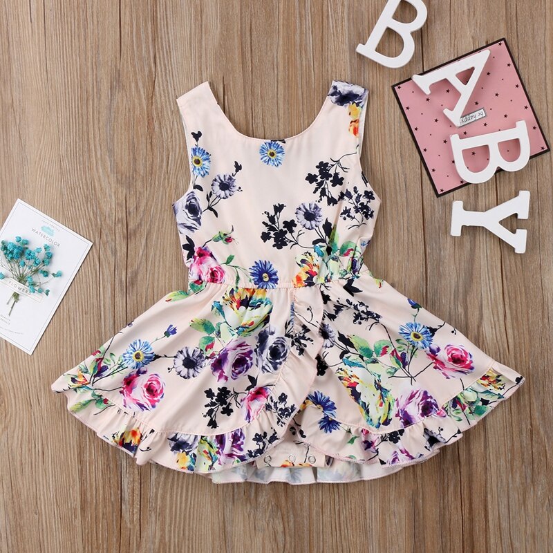 Summer Floral Baby Girls Dresses Toddler Kid Baby Girls Flower Dress Bodysuit Jumpsuit Outfit Set Playsuit - ebowsos