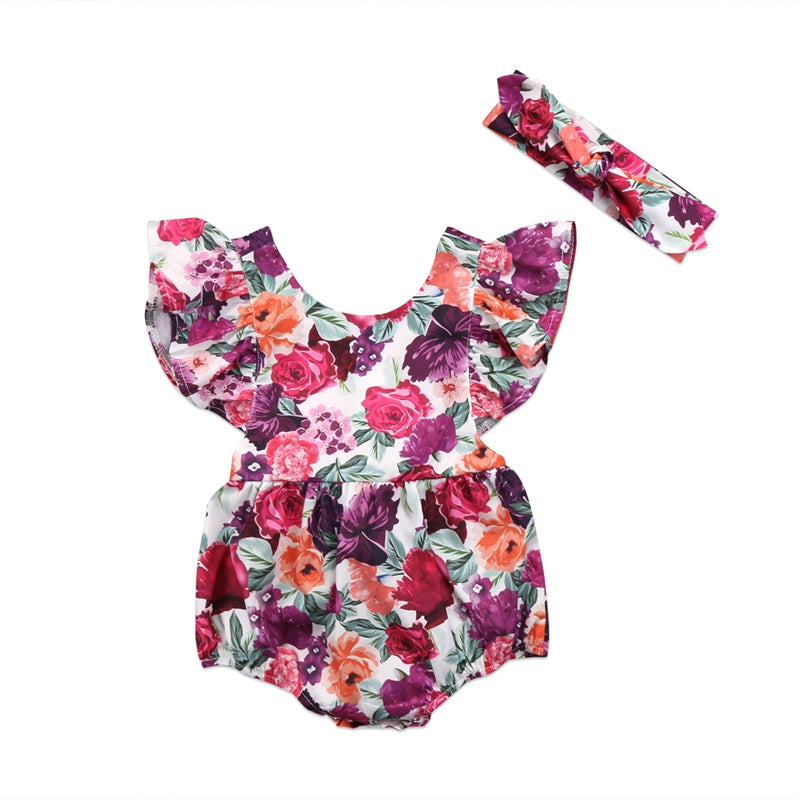 Summer Floral Baby Girls Suit Baby Girls Floral Short Sleeve Cotton Bodysuit Jumpsuit Outfits Playsuit Clothes - ebowsos