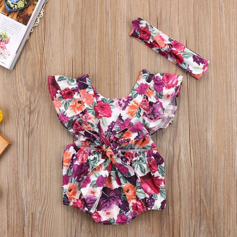 Summer Floral Baby Girls Suit Baby Girls Floral Short Sleeve Cotton Bodysuit Jumpsuit Outfits Playsuit Clothes - ebowsos