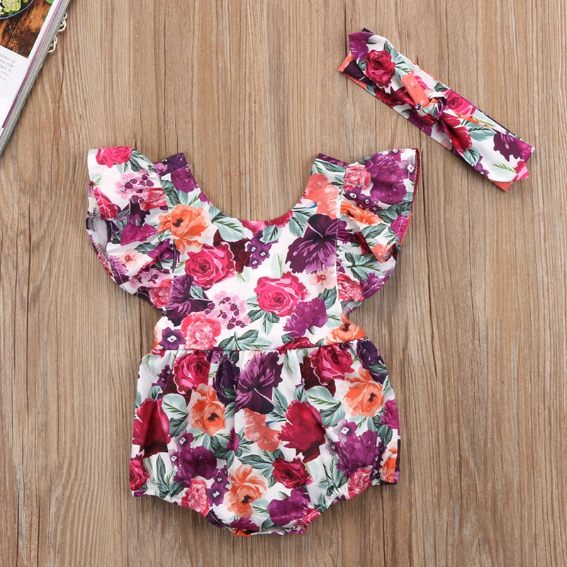 Summer Floral Baby Girls Suit Baby Girls Floral Short Sleeve Cotton Bodysuit Jumpsuit Outfits Playsuit Clothes - ebowsos