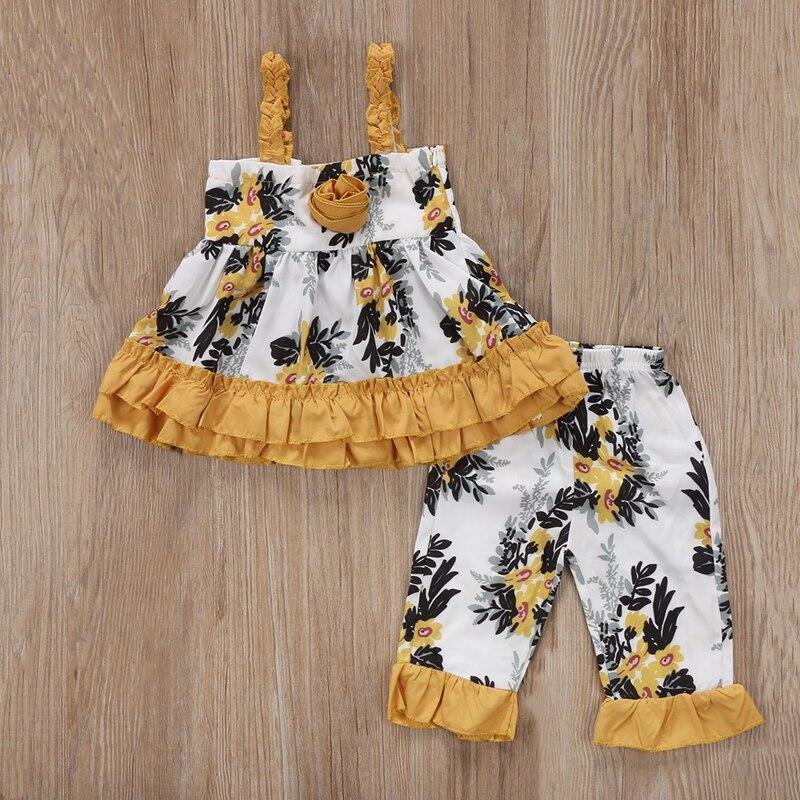 Summer Floral Girls Suit New Style Baby Girl Floral Clothes Sleeveless Top Shirt Cotton Long Pants Outfits - ebowsos