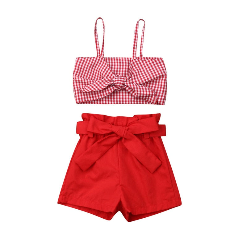 Summer Girls Plaid Tops Vest Pants Shorts Outfits Clothes 2Pcs Little Girl Clothes Kids Sets Children Clothing - ebowsos