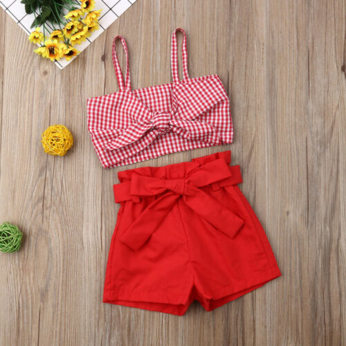 Summer Girls Plaid Tops Vest Pants Shorts Outfits Clothes 2Pcs Little Girl Clothes Kids Sets Children Clothing - ebowsos