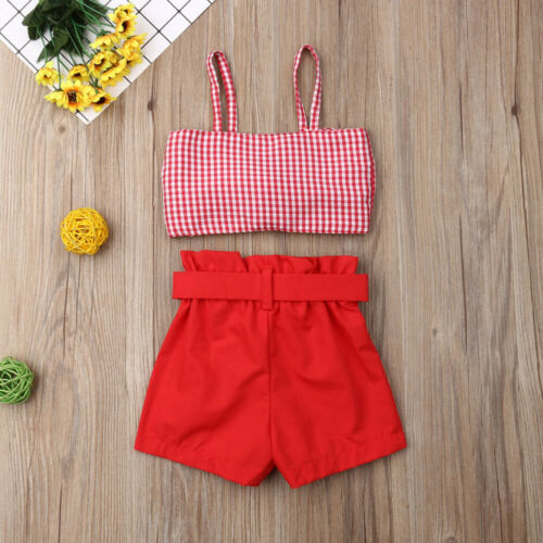 Summer Girls Plaid Tops Vest Pants Shorts Outfits Clothes 2Pcs Little Girl Clothes Kids Sets Children Clothing - ebowsos