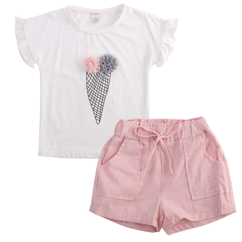 Summer Ice Cream Kids Baby Girls Clothes Short Sleeve Outfits T-shirt Tops+Short Pants Shorts 2PCS Set - ebowsos