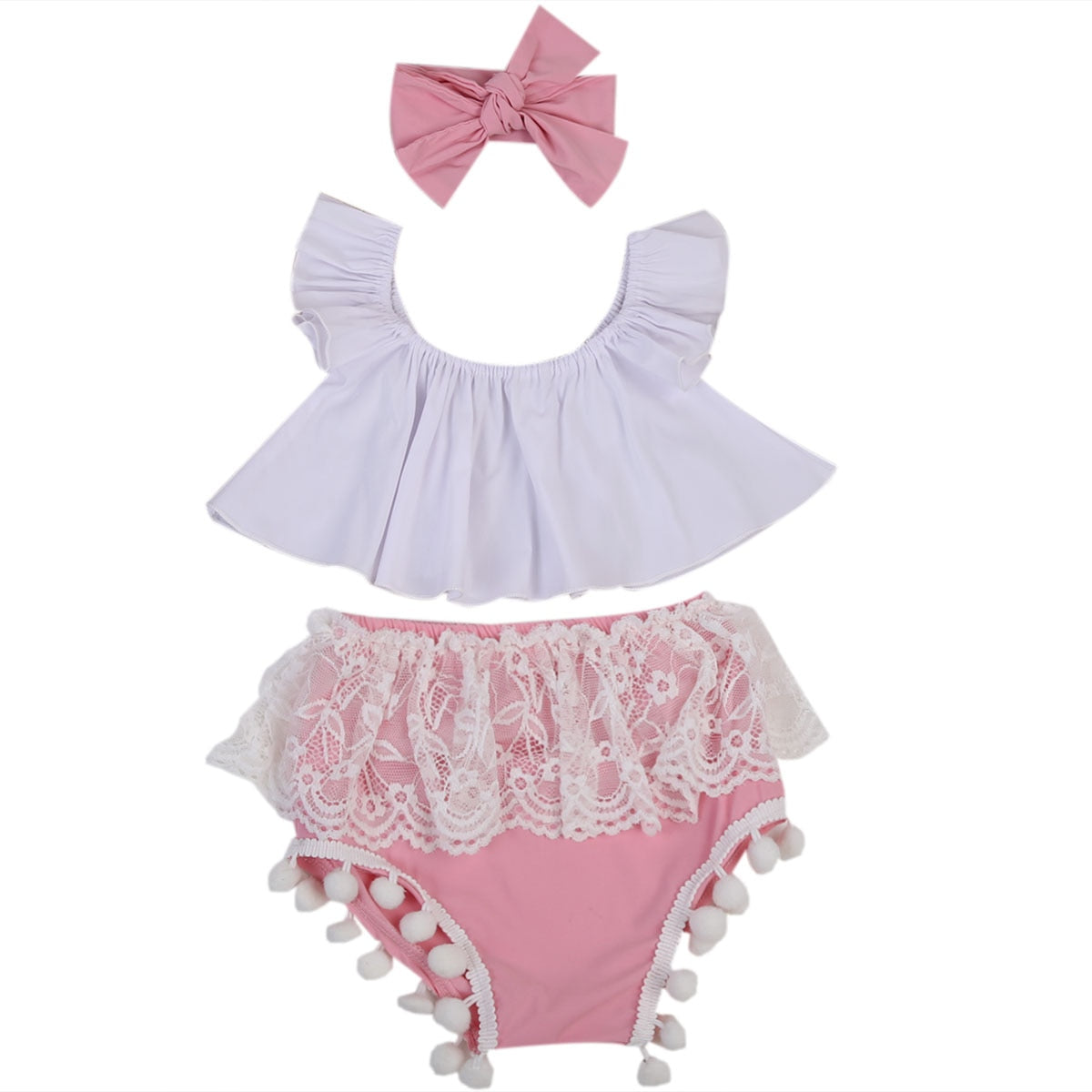 Summer Infant Baby Girl Off-shoulder Top+Pink Tassel Shorts+Headband 3Pcs Outfit - ebowsos