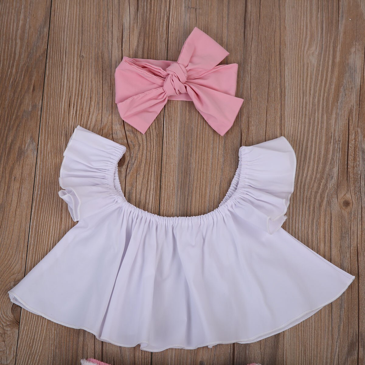 Summer Infant Baby Girl Off-shoulder Top+Pink Tassel Shorts+Headband 3Pcs Outfit - ebowsos