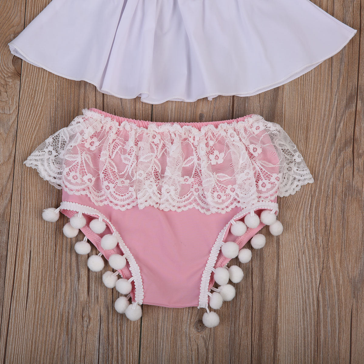 Summer Infant Baby Girl Off-shoulder Top+Pink Tassel Shorts+Headband 3Pcs Outfit - ebowsos