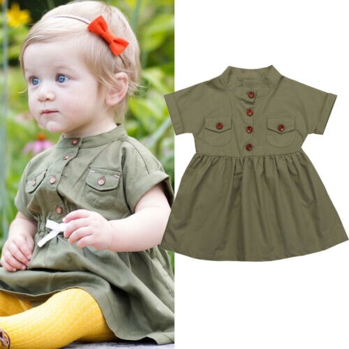 Summer Kid Baby Girl Clothes Dress Cotton Party Pageant Green Solid Dress Casual Clothes - ebowsos