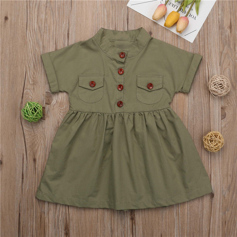 Summer Kid Baby Girl Clothes Dress Cotton Party Pageant Green Solid Dress Casual Clothes - ebowsos