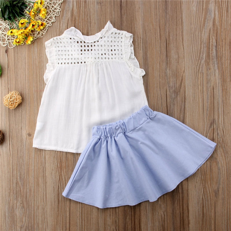 Summer Kid Baby Girl Ruffle Neck Sleeveless Shirt Blouse Tops+Bowknot Tutu Mini Skirt Dress 2Pcs Clothes - ebowsos