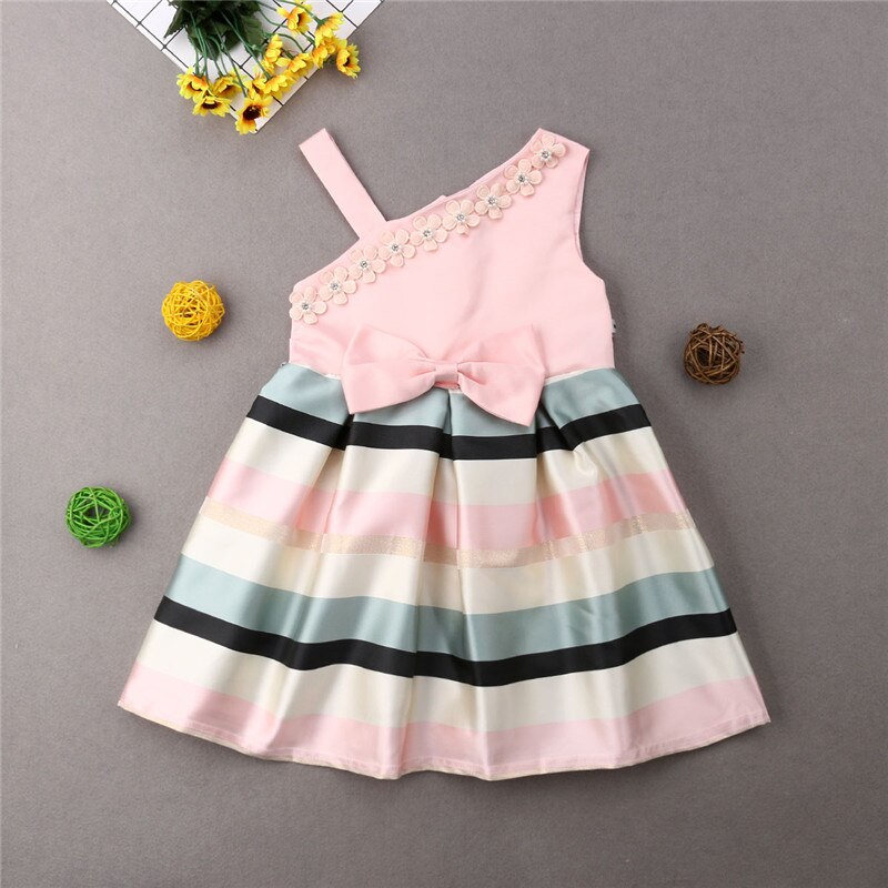 Summer Kids Baby Bowknot Striped Girls Sleeveless Dress Formal Gown Party Pageant Dresses - ebowsos