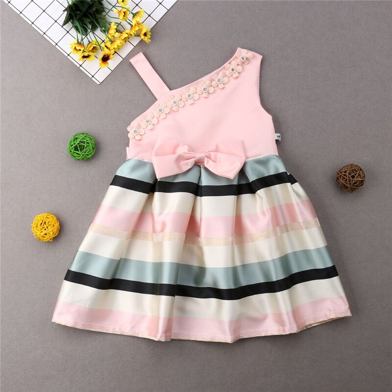 Summer Kids Baby Bowknot Striped Girls Sleeveless Dress Formal Gown Party Pageant Dresses - ebowsos