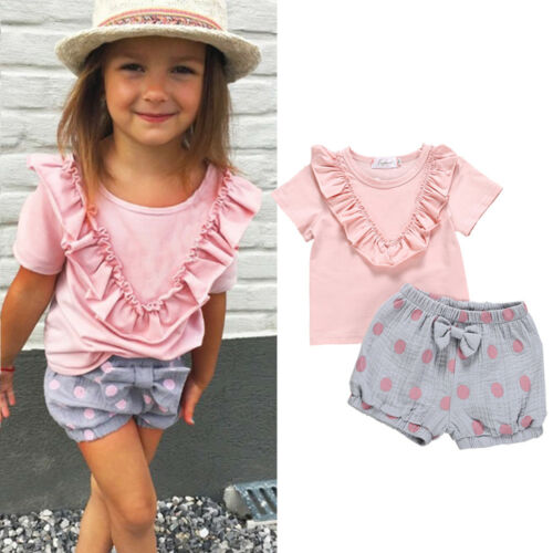 Summer Kids Baby Girl Ruffle Short Sleeves Pink Tops T-Shirt Dot Shorts 2PCS Outfit Cute Set Clothes 0-6Y - ebowsos