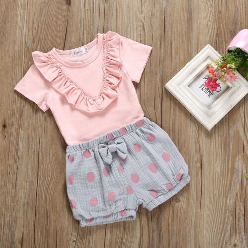 Summer Kids Baby Girl Ruffle Short Sleeves Pink Tops T-Shirt Dot Shorts 2PCS Outfit Cute Set Clothes 0-6Y - ebowsos