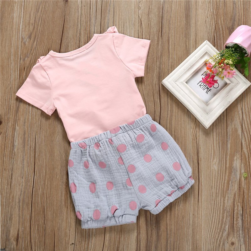 Summer Kids Baby Girl Ruffle Short Sleeves Pink Tops T-Shirt Dot Shorts 2PCS Outfit Cute Set Clothes 0-6Y - ebowsos