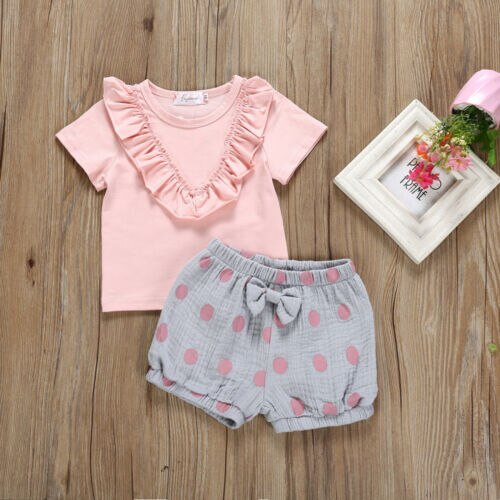 Summer Kids Baby Girl Ruffle Short Sleeves Pink Tops T-Shirt Dot Shorts 2PCS Outfit Cute Set Clothes 0-6Y - ebowsos