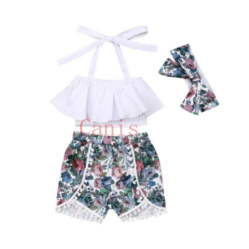 Summer Kids Baby Girl Summer Clothes Ruffle Tops Crop Floral Shorts 3PCS Outfit - ebowsos