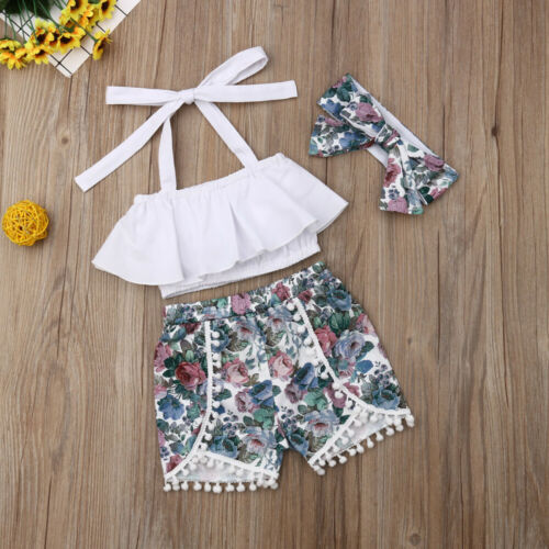 Summer Kids Baby Girl Summer Clothes Ruffle Tops Crop Floral Shorts 3PCS Outfit - ebowsos