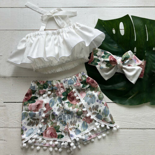 Summer Kids Baby Girl Summer Clothes Ruffle Tops Crop Floral Shorts 3PCS Outfit - ebowsos