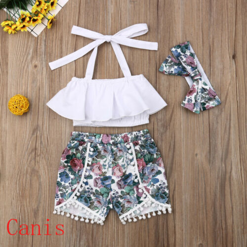 Summer Kids Baby Girl Summer Clothes Ruffle Tops Crop Floral Shorts 3PCS Outfit - ebowsos