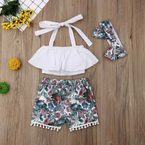 Summer Kids Baby Girl Summer Clothes Ruffle Tops Crop Floral Shorts 3PCS Outfit - ebowsos