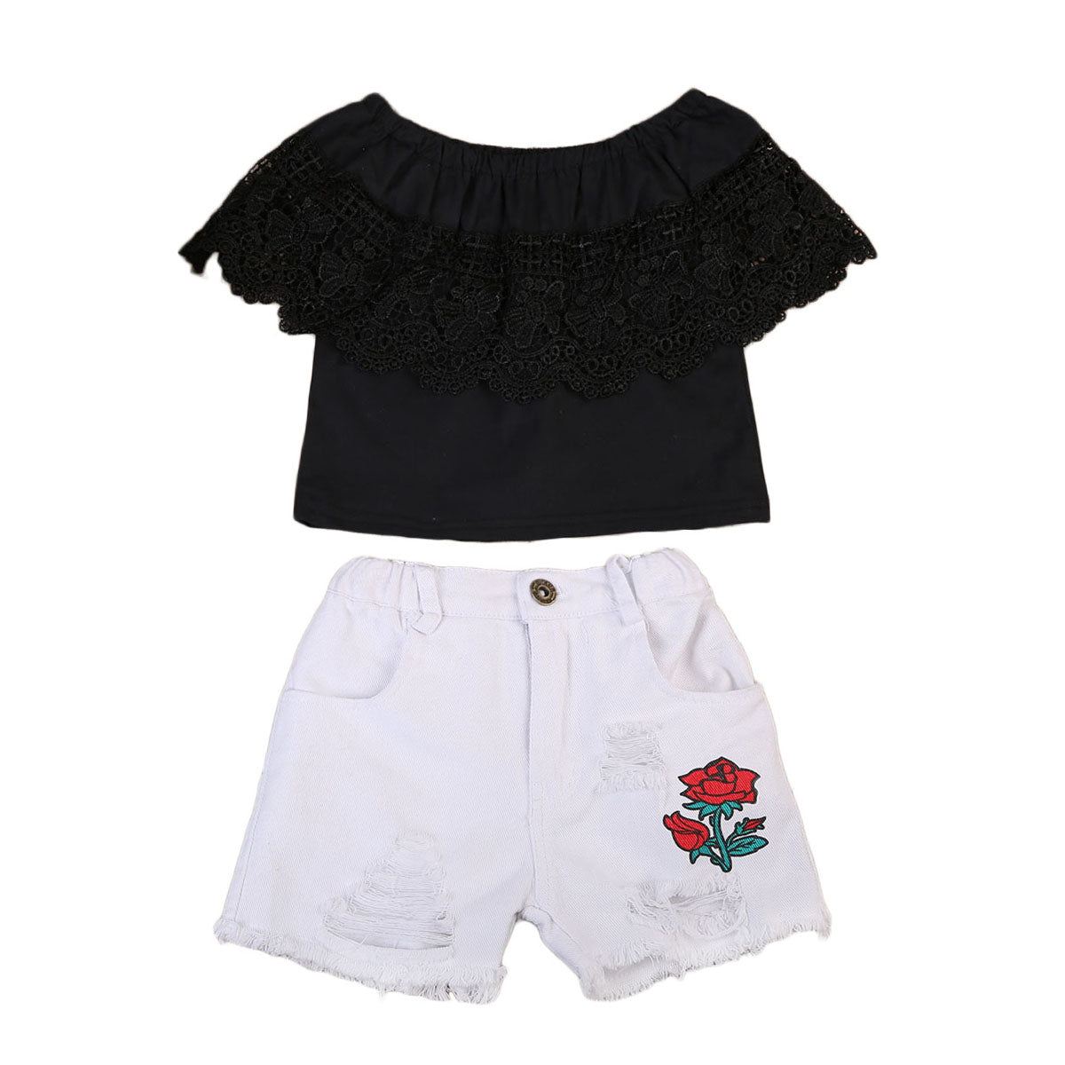 Summer Kids Baby Girls Lace Tops T-shirt Short Sleeve+Ripped Denim Rose Pants Shorts Outfits Clothes Set - ebowsos