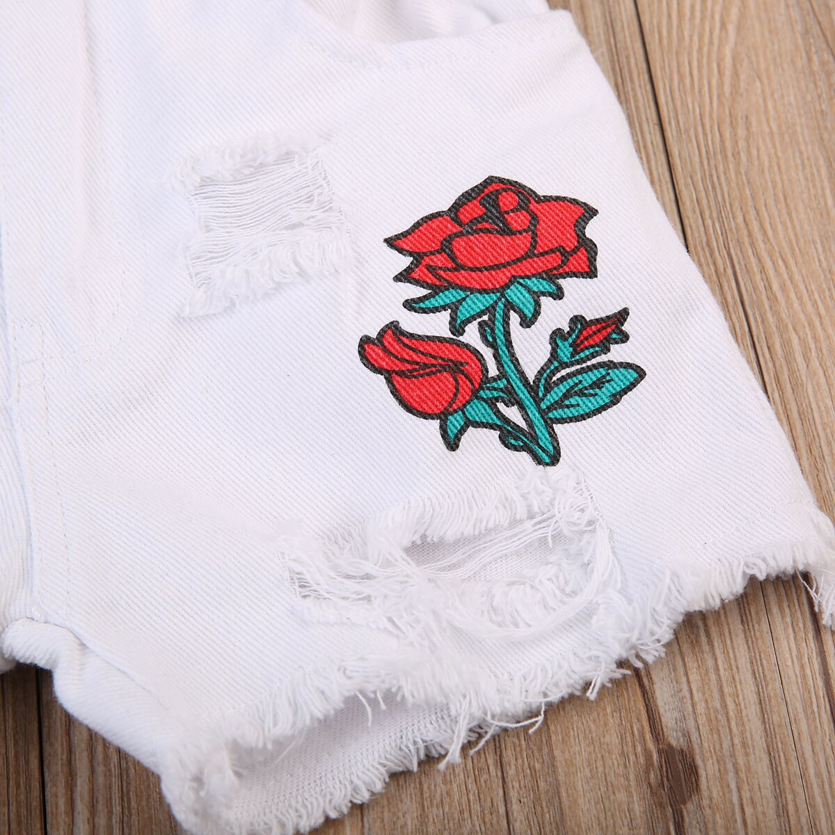 Summer Kids Baby Girls Lace Tops T-shirt Short Sleeve+Ripped Denim Rose Pants Shorts Outfits Clothes Set - ebowsos