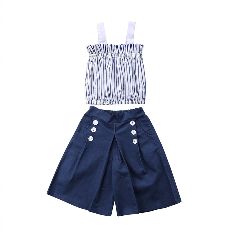 Summer Kids Girls Clothing Set Striped Crop Vest Tops+High Waist Wide Leg Pant Jean 2PCS Children Clothes - ebowsos