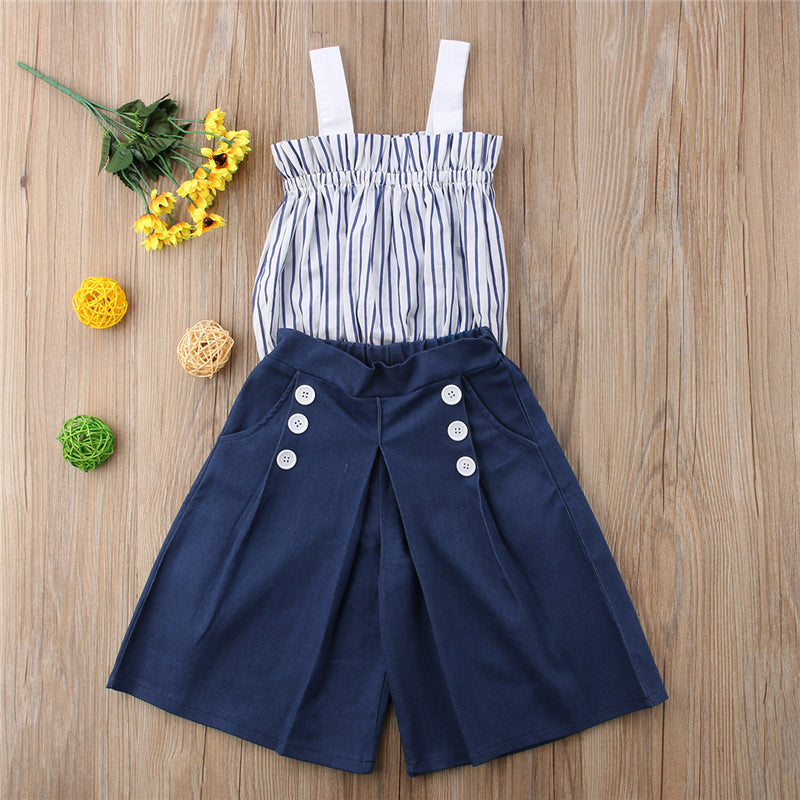 Summer Kids Girls Clothing Set Striped Crop Vest Tops+High Waist Wide Leg Pant Jean 2PCS Children Clothes - ebowsos