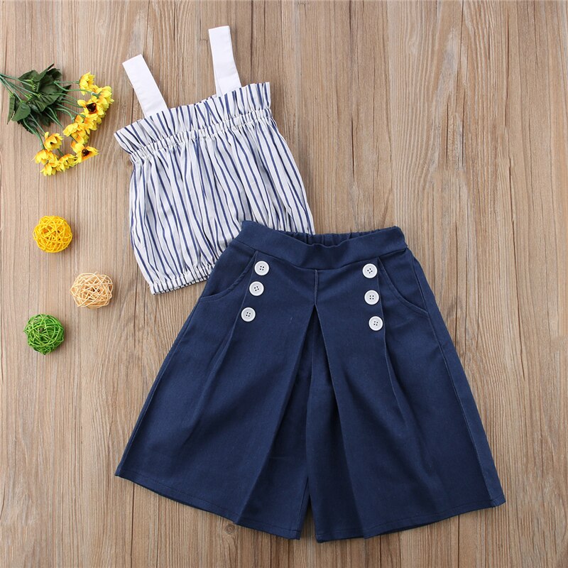 Summer Kids Girls Clothing Set Striped Crop Vest Tops+High Waist Wide Leg Pant Jean 2PCS Children Clothes - ebowsos