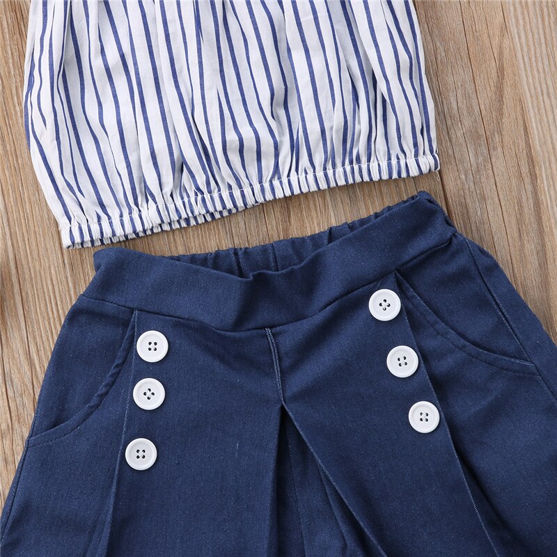 Summer Kids Girls Clothing Set Striped Crop Vest Tops+High Waist Wide Leg Pant Jean 2PCS Children Clothes - ebowsos