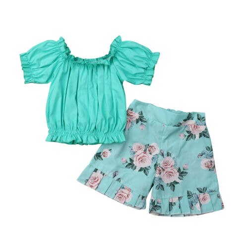 Summer Lovely Infant Toddler Kid Girls Flower Summer Outfits 2PCS Off Shoulder Top Flora Shorts Sunsuit - ebowsos