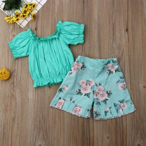 Summer Lovely Infant Toddler Kid Girls Flower Summer Outfits 2PCS Off Shoulder Top Flora Shorts Sunsuit - ebowsos