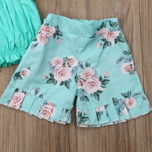 Summer Lovely Infant Toddler Kid Girls Flower Summer Outfits 2PCS Off Shoulder Top Flora Shorts Sunsuit - ebowsos