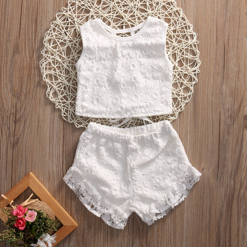 Summer New Style Baby Girls Clothes Sets Pirncess Kids Girl Lace Tops Shirt Shorts Summer Outfits Set Clothes - ebowsos